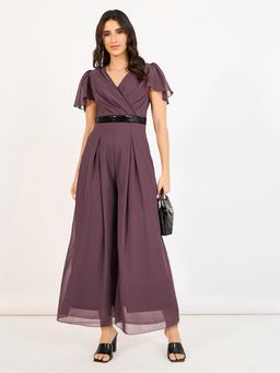 Miss Chase - Women Mauve Solid Relaxed Fit Short Sleeve V-Neck Straight Jumpsuit