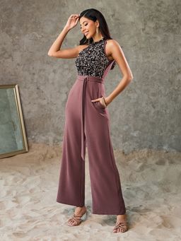 Miss Chase - Women Mauve Sleeveless Embellished Halter Neck Regular Jumpsuit