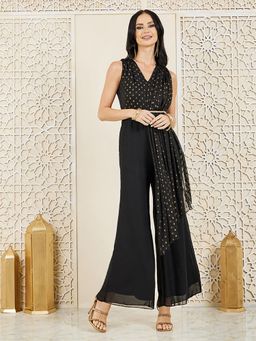 Miss Chase - Women Black Self Design V-Neck Pleated Regular Length Jumpsuit