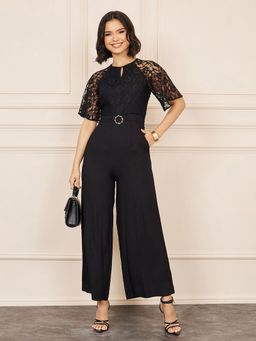 Miss Chase - Women Black Flared Sleeve Floral Raglan Jumpsuit