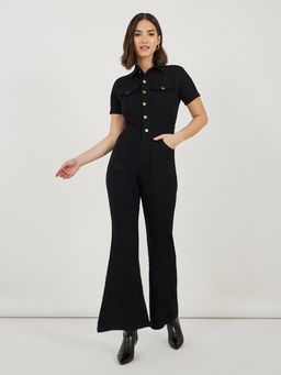 Miss Chase - Women Black Flared High Rise Regular Stretchable Denim Jumpsuit