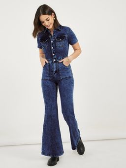 Miss Chase - Women Navy Blue Flared High Rise Regular Stretchable Denim Jumpsuit