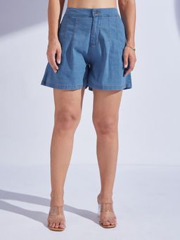 Miss Chase - Women Blue Flared High-Rise Clean-Look Regular-Length Denim Shorts