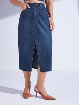 Miss Chase - Women Dark Blue A-Line High-Rise Non-stretchable Denim Midi Skirt
