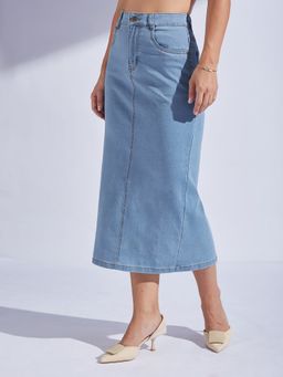 Miss Chase - Women Light Blue Straight High Rise Clean Look Midi Denim Skirt