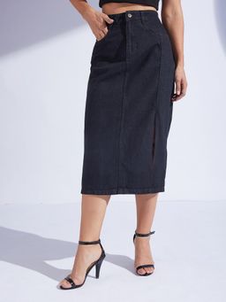 Miss Chase - Women Black Straight-Fit High-Rise Stretchable Denim Midi Skirt