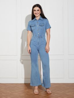 Miss Chase - Women Light Blue Flared High Rise Regular Length Denim Jumpsuit