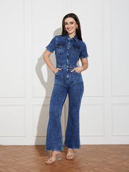 Miss Chase - Women Navy Blue Flared High Rise Regular Stretchable Denim Jumpsuit