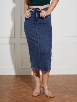 Miss Chase - Women Dark Blue High-Rise Stretchable Denim Midi Skirt with Back Slit