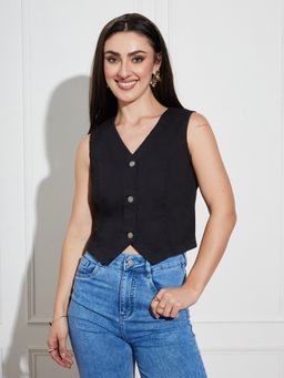 Miss Chase - Women Black V-Neck Sleeveless Solid Cropped Denim Top