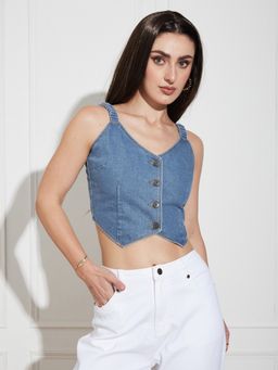 Miss Chase - Women Mid Blue Shoulder Straps Waistcoat-Styled Denim Top