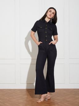 Miss Chase - Women Black Flared High Rise Regular Stretchable Denim Jumpsuit