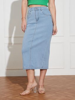 Miss Chase - Women Light Blue Straight High Rise Clean Look Midi Denim Skirt