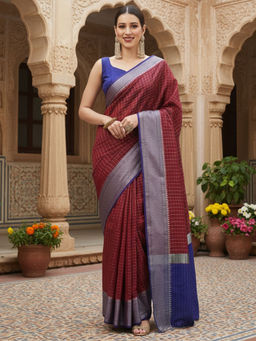 Akhilam - Women Aura Silk Rust Checks Design Designer Saree with Unstitched Blouse