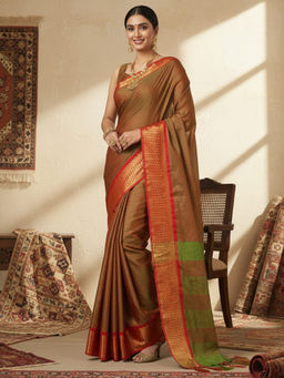Akhilam - Women Aura Silk Brown Woven Design Designer Saree with Unstitched Blouse