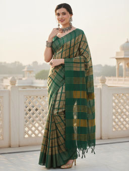 Akhilam - Women Aura Silk Cream Checks Design Designer Saree with Unstitched Blouse