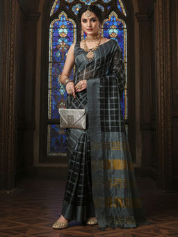 Akhilam - Women Aura Silk Black Checks Design Designer Saree with Unstitched Blouse