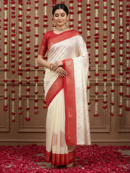 Akhilam - Women Silk Blend Off White Handloom Designer Saree with Unstitched Blouse