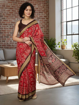 Akhilam - Women Bhagalpuri Silk Red Printed Designer Saree with Unstitched Blouse