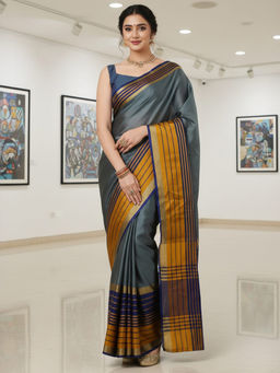 Akhilam - Women Aura Silk Grey Woven Design Designer Saree with Unstitched Blouse