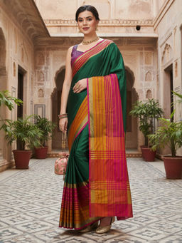 Akhilam - Women Aura Silk Green Woven Design Designer Saree with Unstitched Blouse