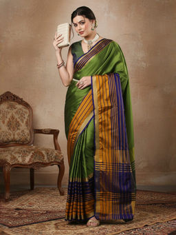 Akhilam - Women Aura Silk Green Woven Design Designer Saree with Unstitched Blouse