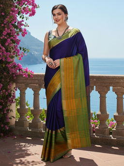 Akhilam - Women Aura Silk Navy Blue Woven Design Saree with Unstitched Blouse
