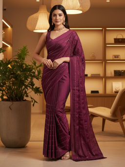 Akhilam - Women Georgette Magenta Embellished Designer Saree with Unstitched Blouse