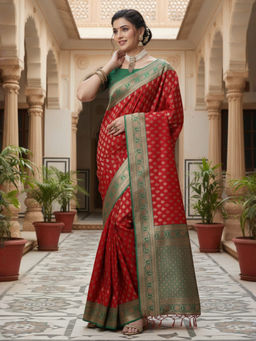 Akhilam - Women Silk Blend Red Woven Design Designer Saree with Unstitched Blouse