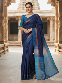 Akhilam - Women Aura Silk Navy Blue Woven Design Saree with Unstitched Blouse