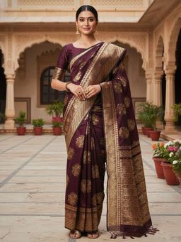 Akhilam - Women Silk Blend Burgundy Woven Design Saree with Unstitched Blouse
