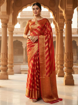 Akhilam - Women Organza Red Woven Design Designer Saree with Unstitched Blouse