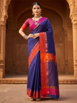 Akhilam - Women Aura Silk Navy Blue Woven Design Saree with Unstitched Blouse