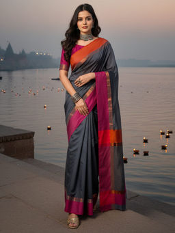 Akhilam - Women Aura Silk Charcoal Grey Woven Design Saree with Unstitched Blouse