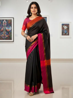 Akhilam - Women Aura Silk Black Woven Design Designer Saree with Unstitched Blouse