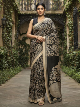 Akhilam - Women Bhagalpuri Silk Black Printed Designer Saree with Unstitched Blouse