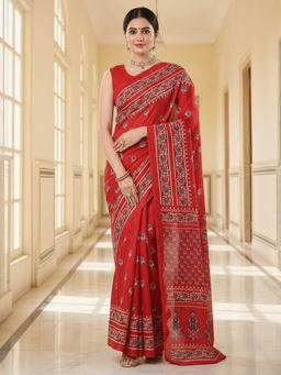 Akhilam - Women Bhagalpuri Silk Red Printed Designer Saree with Unstitched Blouse