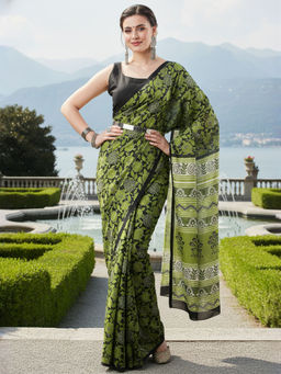 Akhilam - Women Bhagalpuri Silk Green Floral Printed Saree with Unstitched Blouse
