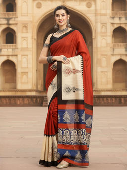 Akhilam - Women Bhagalpuri Silk Rust Printed Designer Saree with Unstitched Blouse