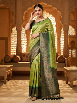 Akhilam - Women Kanjeevaram Silk Green Woven Design Saree with Unstitched Blouse