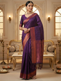 Akhilam - Women Silk Blend Purple Woven Design Designer Saree with Unstitched Blouse