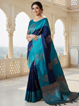 Akhilam - Women Silk Blend Navy Blue Woven Design Saree with Unstitched Blouse