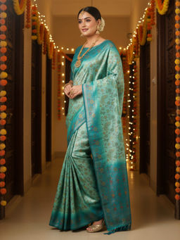 Akhilam - Women Kanjeevaram Silk Blue Woven Design Saree with Unstitched Blouse