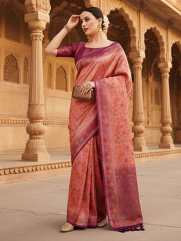 Akhilam - Women Kanjeevaram Silk Pink Woven Design Saree with Unstitched Blouse
