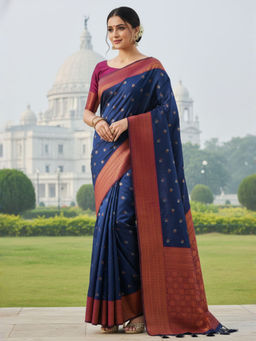 Akhilam - Women Silk Blend Navy Blue Woven Design Saree with Unstitched Blouse