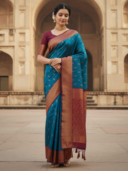 Akhilam - Women Silk Blend Blue Woven Design Designer Saree with Unstitched Blouse