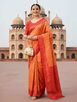 Akhilam - Women Kanjeevaram Silk Peach Woven Design Saree with Unstitched Blouse