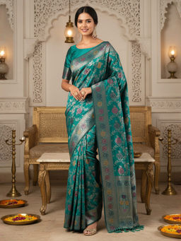 Akhilam - Women Silk Blend Teal blue Woven Design Saree with Unstitched Blouse