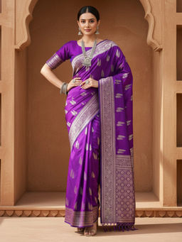 Akhilam - Women Silk Blend Purple Woven Design Designer Saree with Unstitched Blouse