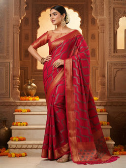 Akhilam - Women Georgette Pink Woven Design Celebrity Saree with Unstitched Blouse
